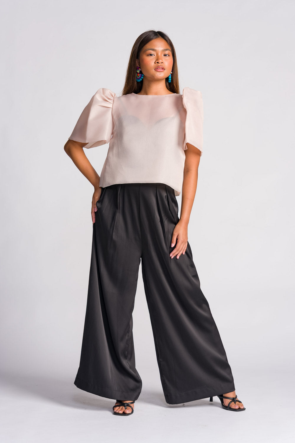 'Dahlia' Jusi Ribbon Tie-Up Modern Filipiniana Blouse (Taupe)