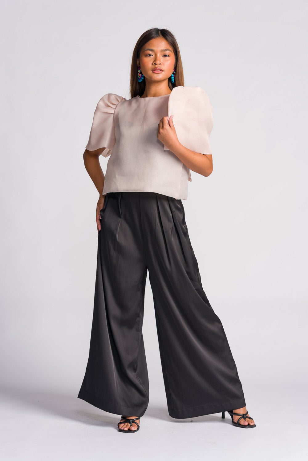 'Dahlia' Jusi Ribbon Tie-Up Modern Filipiniana Blouse (Taupe)