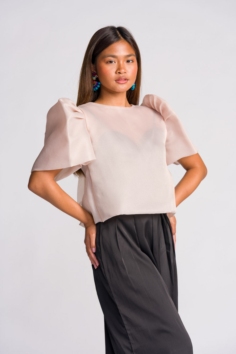 'Dahlia' Jusi Ribbon Tie-Up Modern Filipiniana Blouse (Taupe)