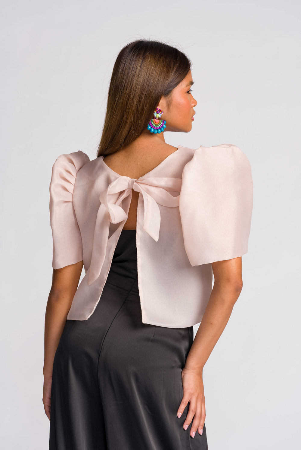 'Dahlia' Jusi Ribbon Tie-Up Modern Filipiniana Blouse (Taupe)