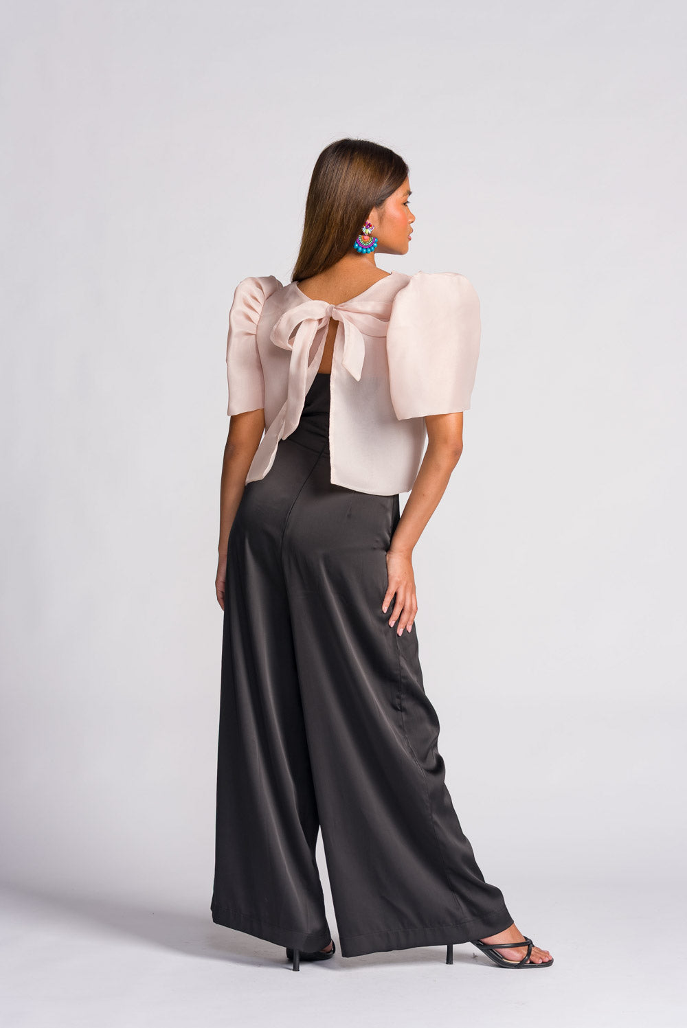 'Dahlia' Jusi Ribbon Tie-Up Modern Filipiniana Blouse (Taupe)