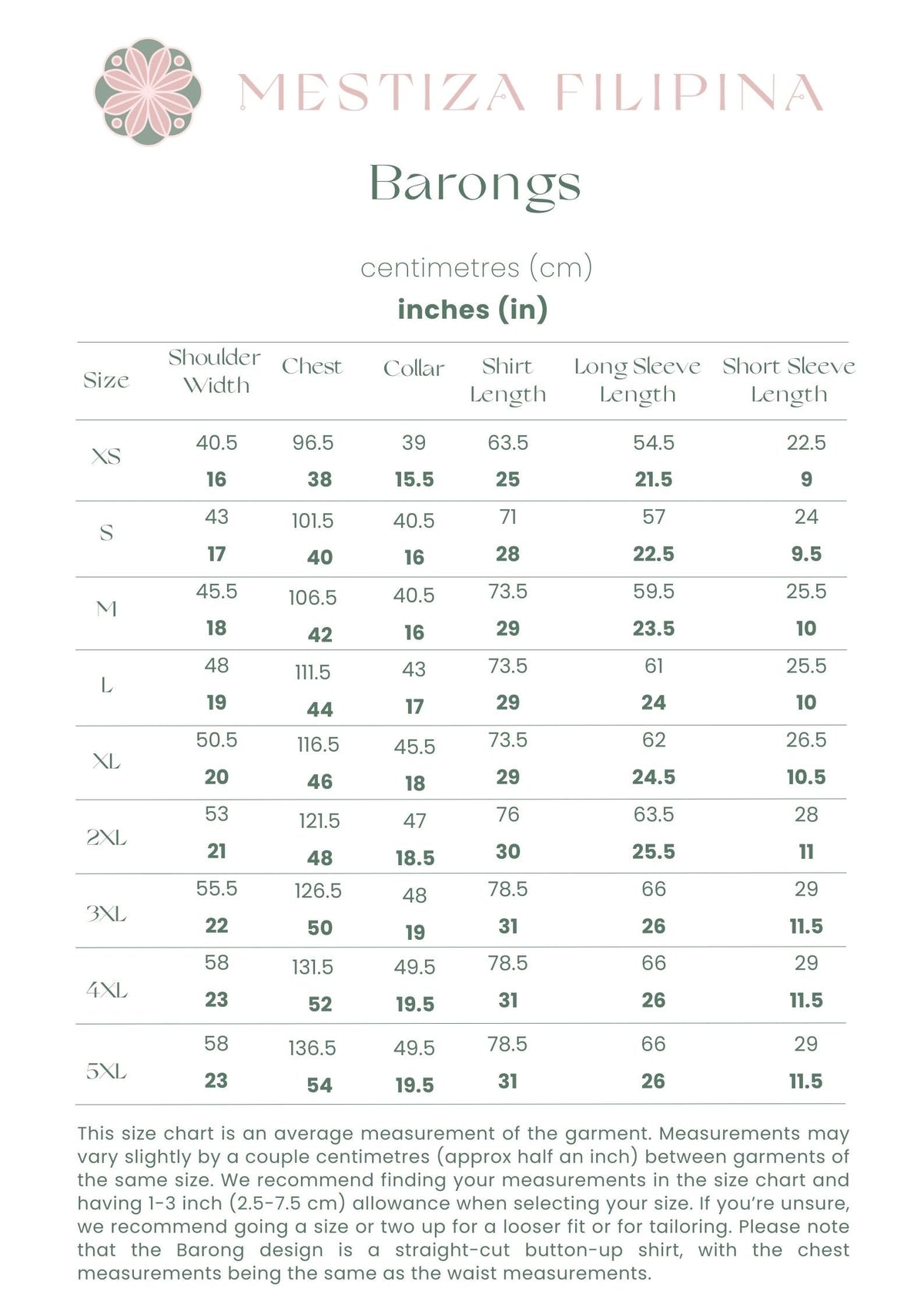 Barong Tagalog size chart – Mestiza Filipina