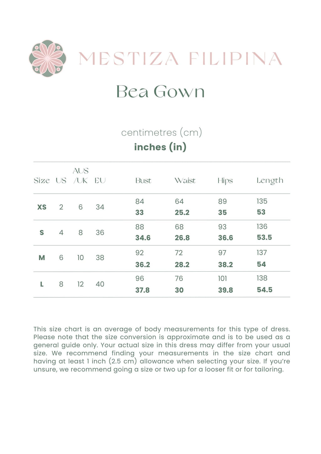 Filipiniana Evening Gown 'Bea' in Chartreuse Green, size chart – Mestiza Filipina