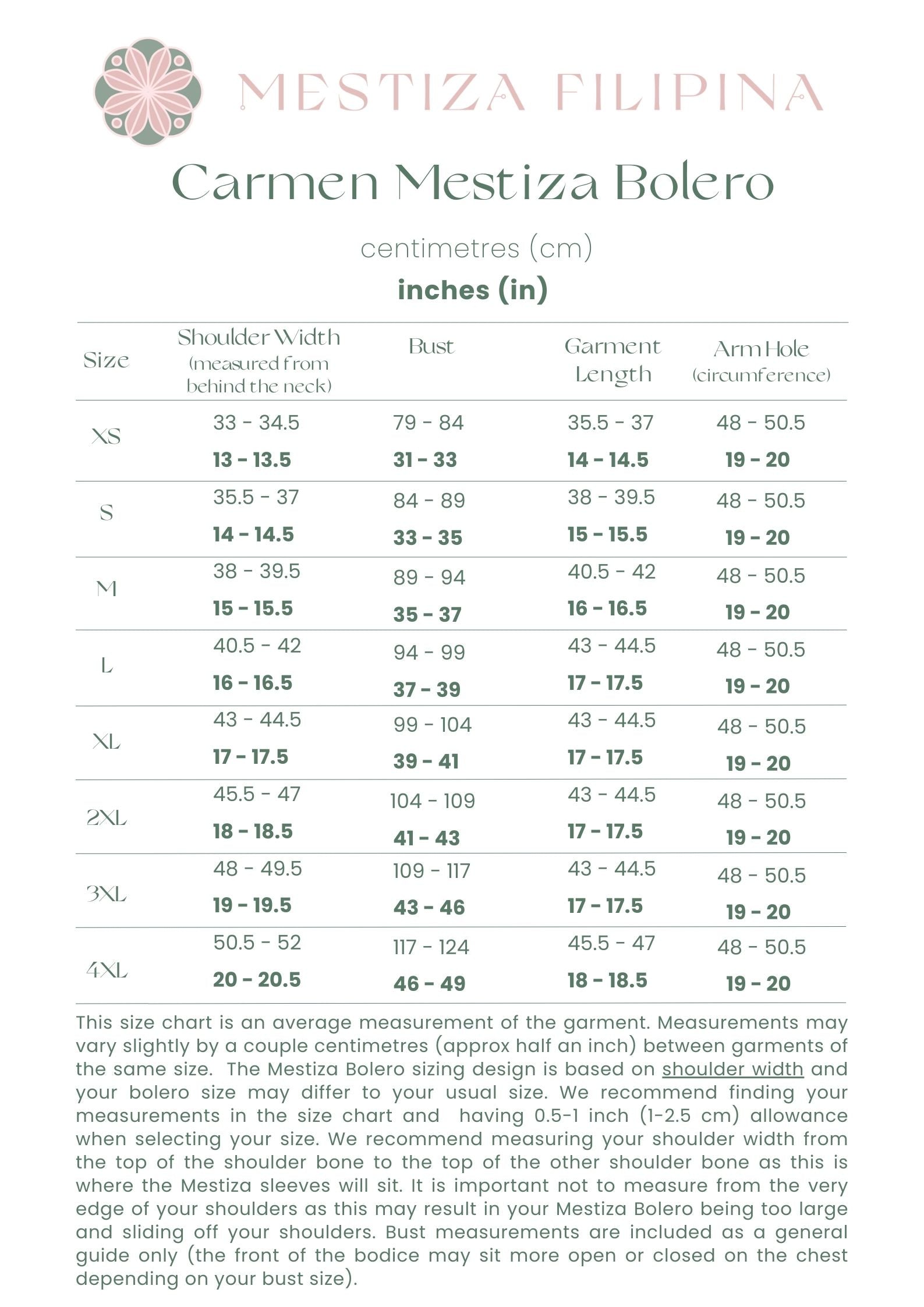Size chart for the Mestiza Filipina Carmen Mestiza Bolero – Cream with butterfly sleeves in hand-embroidered silk, listing size, shoulder width, bust, garment length, and armhole circumference. Instructions and sizing notes included below.