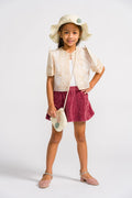 Aiza girls Filipiniana bolero in cream jusilyn with butterfly sleeves, paired with white straw hat and red skirt