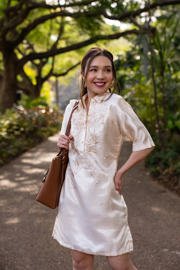 Filipiniana Barong dress styled for wedding or formal event – cream organza shift dress