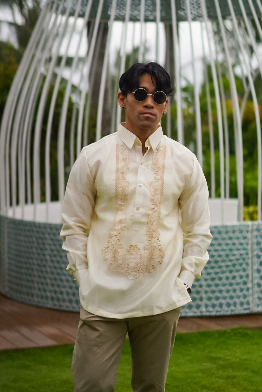 Model wearing the Antonio Barong Tagalog in cream at a wedding in the Philippines