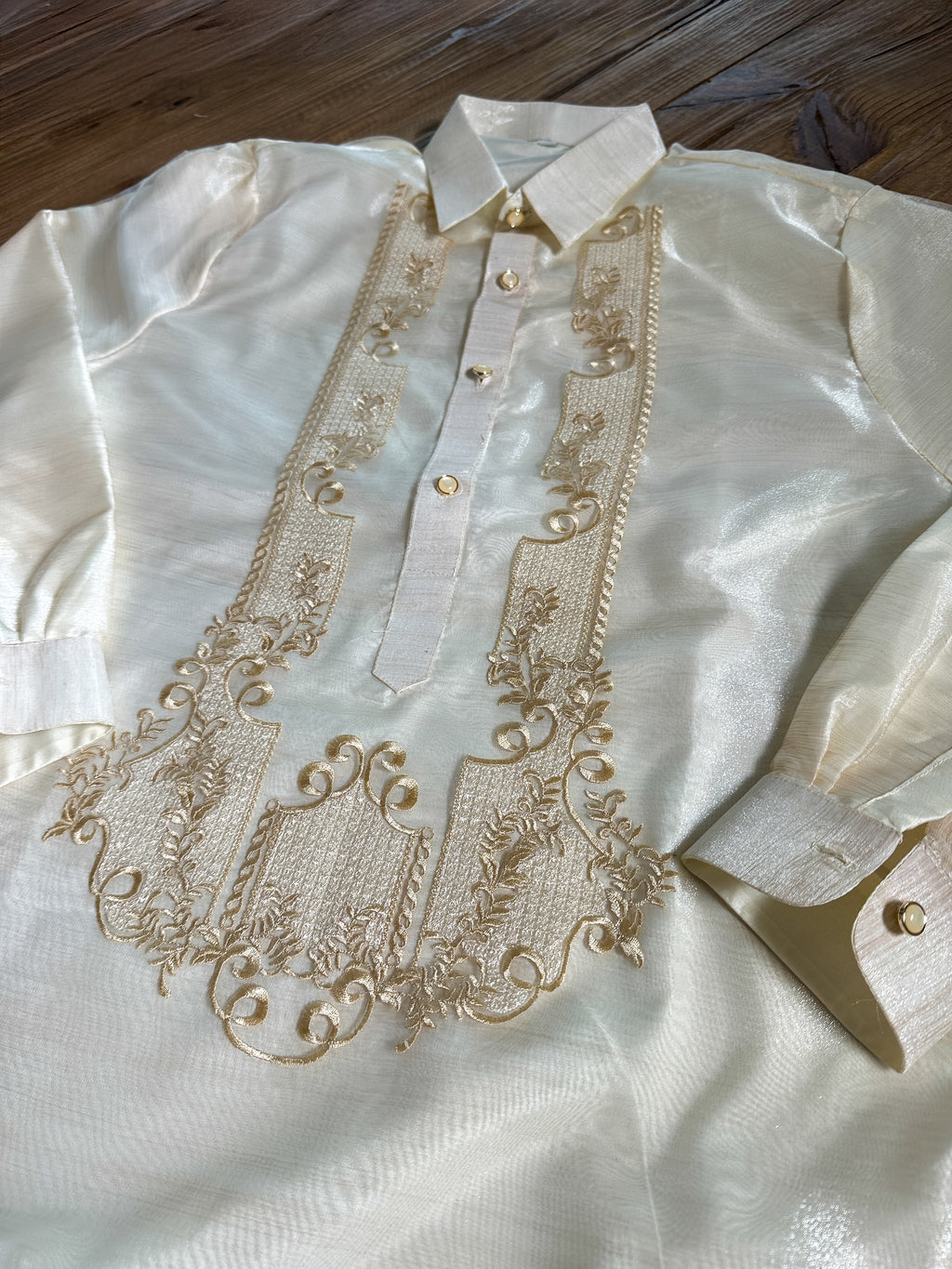 Chest embroidery detail on men’s Barong Tagalog in piña-inspired cream organza
