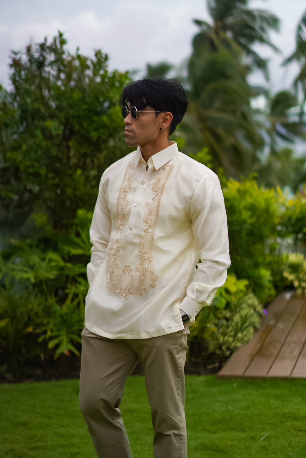 Long sleeve detail of classic Barong Tagalog in cream organza fabric