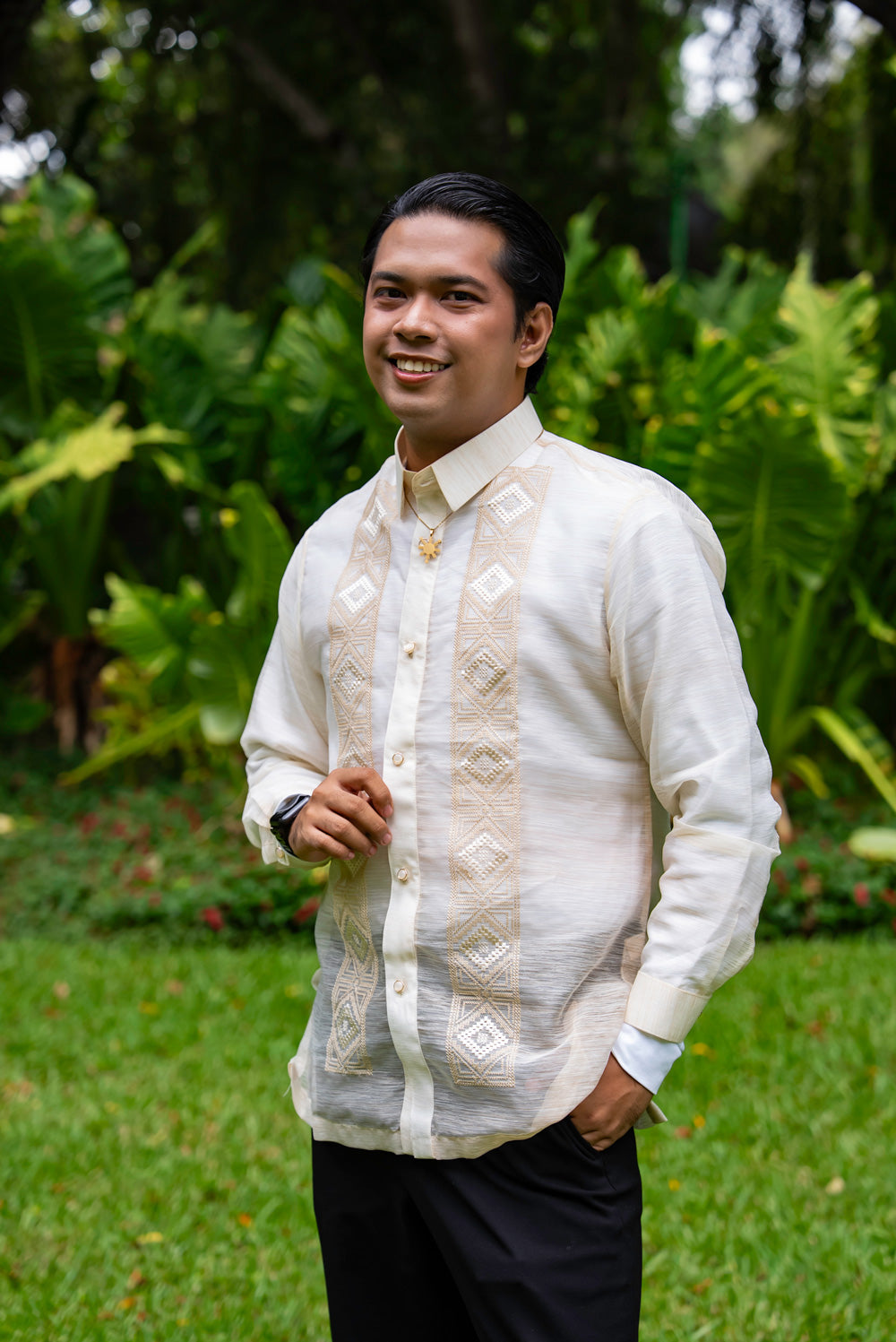 Premium Barong Tagalog styled with black trousers and white undershirt for groom or wedding guest