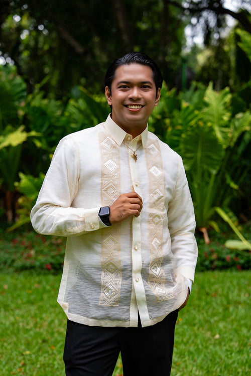 Premium Barong Tagalog styled with black trousers and white undershirt for groom or guest