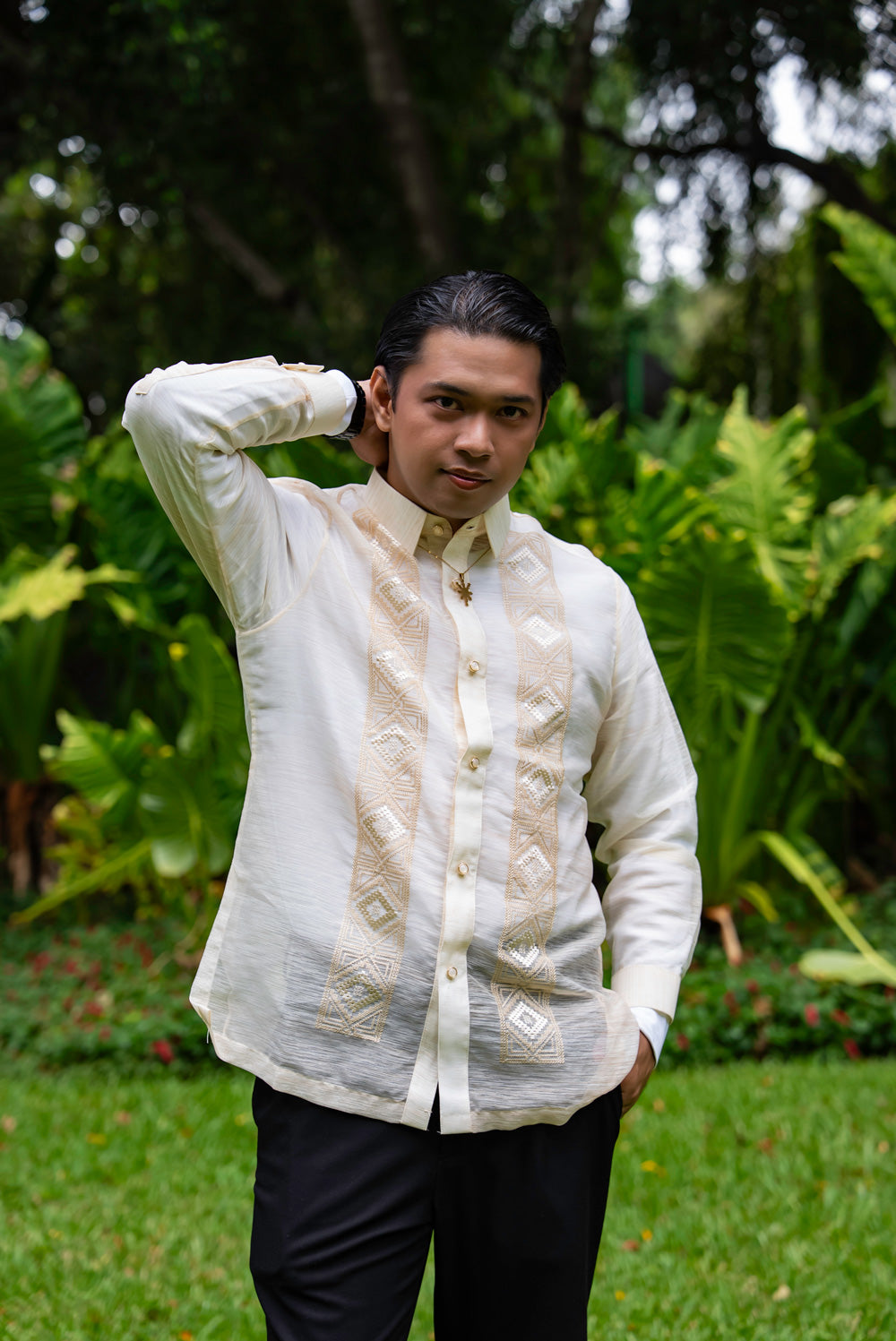 Model wearing Bayani Barong Tagalog – sheer cream jusilyn with geometric embroidery