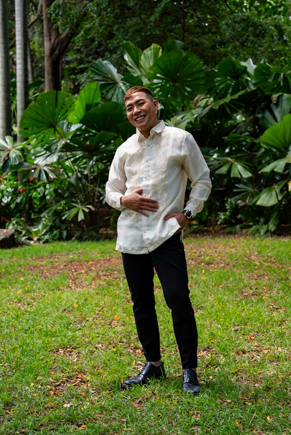 Benicio Barong Tagalog styled with tailored black trousers for a formal or wedding look