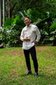 Benicio Barong Tagalog styled with tailored black trousers for a formal or wedding look