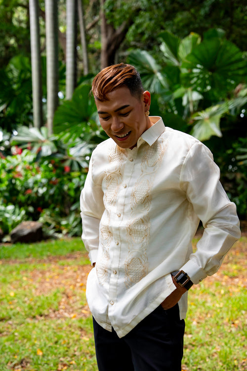 Benicio Barong Tagalog styled with tailored trousers for a formal look