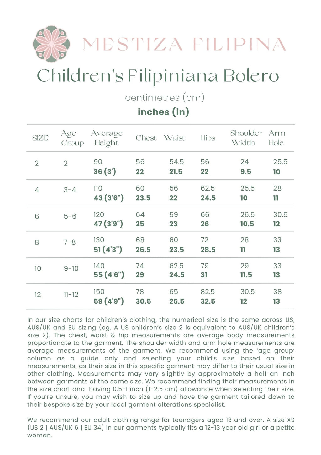Children's Filipiniana Bolero size chart with measurements in centimeters and inches.