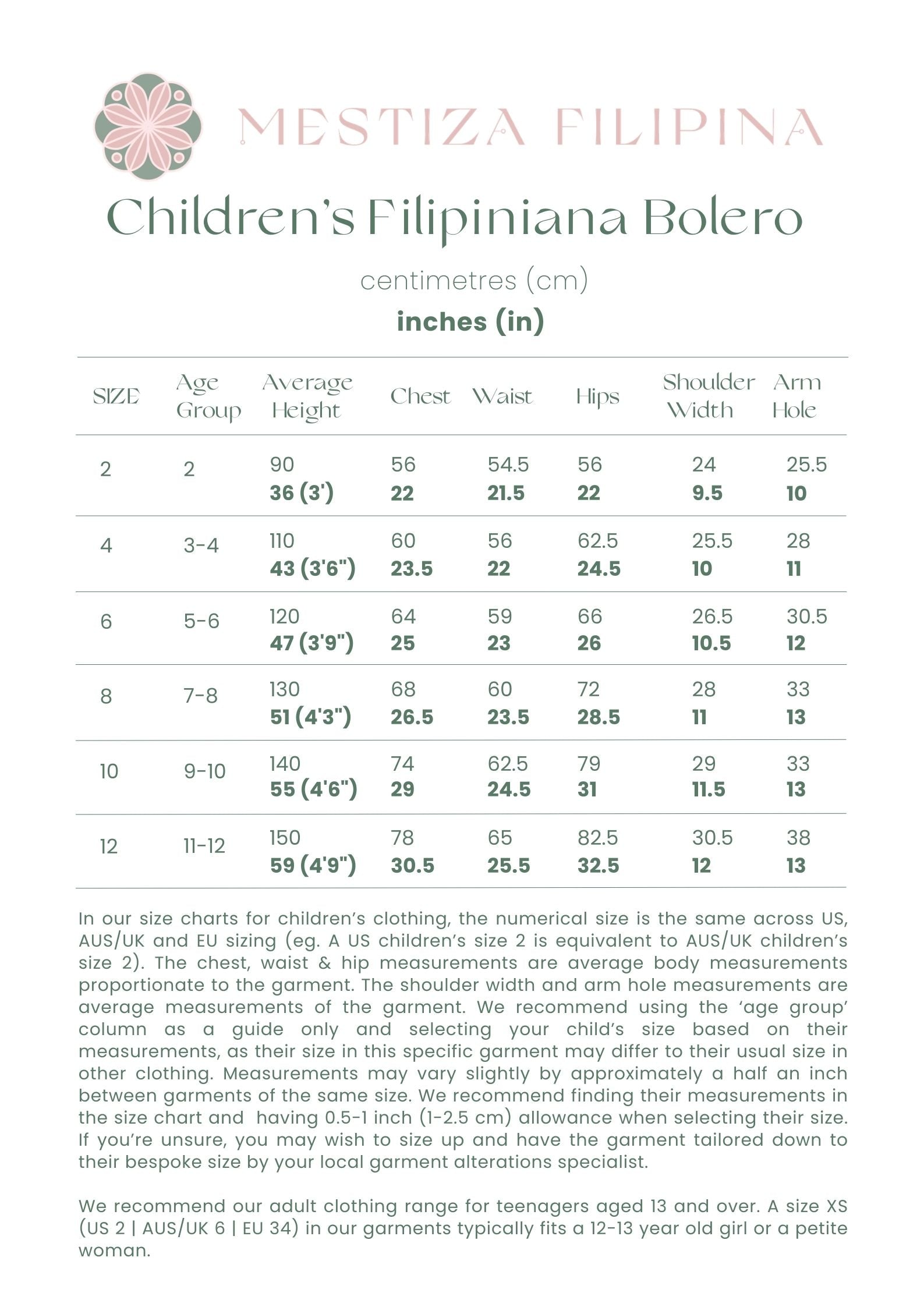 Children's Filipiniana Bolero size chart with measurements in centimeters and inches.