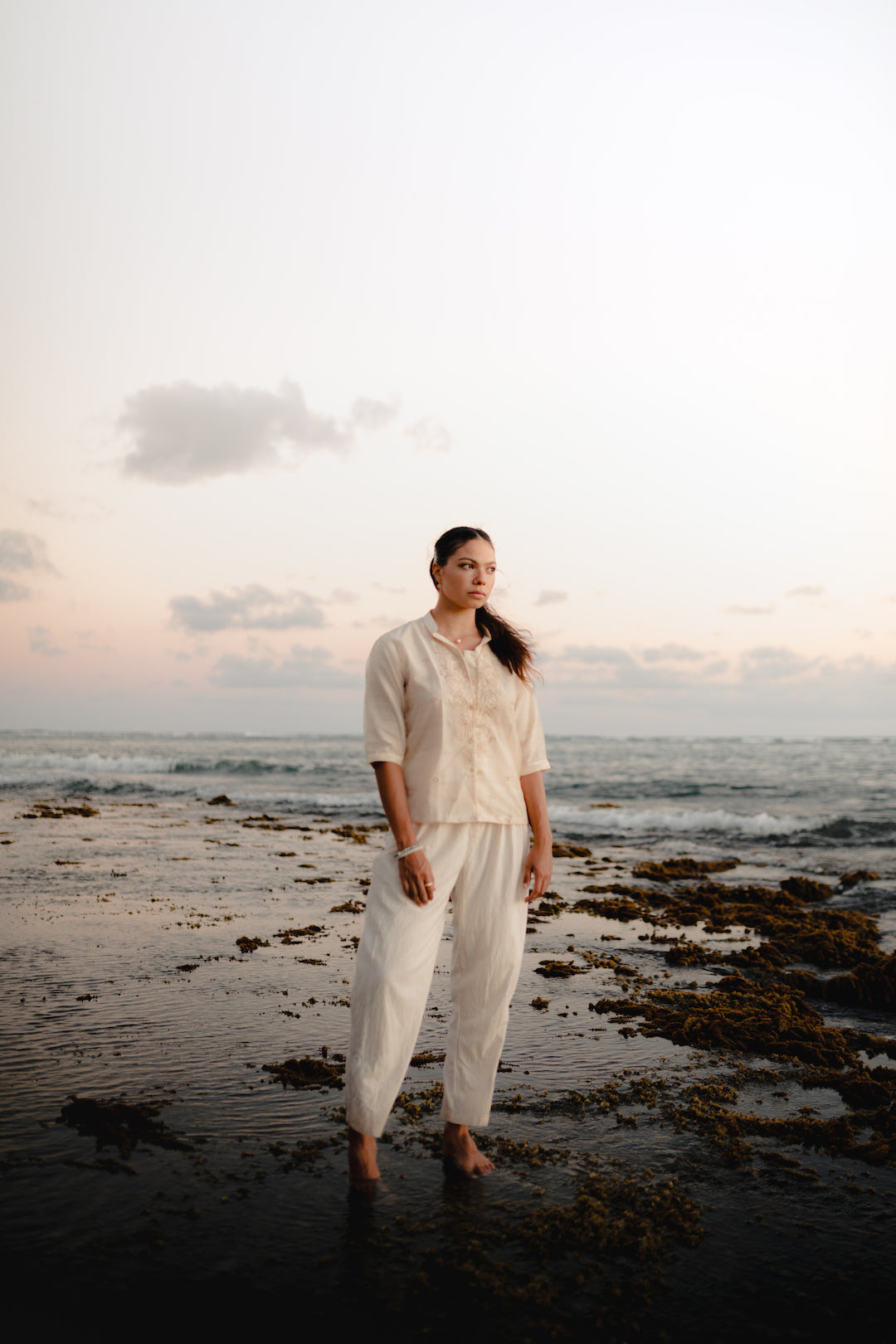 Filipiniana Barong shirt styled with white linen pants for modern professional wear