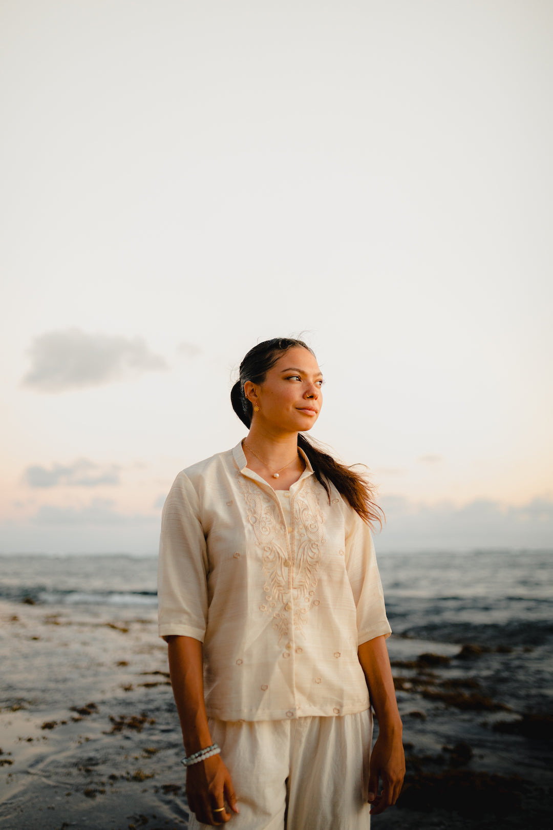 Reina Bonta wearing the Amihan Barong Tagalog in cream – Filipiniana shirt with ¾ sleeves by Mestiza Filipina