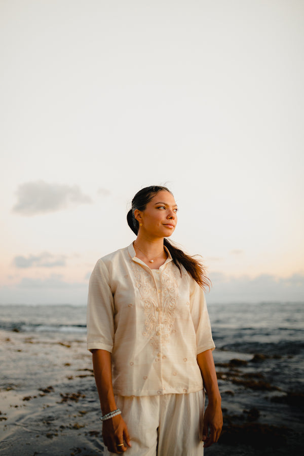 Reina Bonta wearing the Amihan Barong Tagalog in cream – Filipiniana shirt with ¾ sleeves by Mestiza Filipina